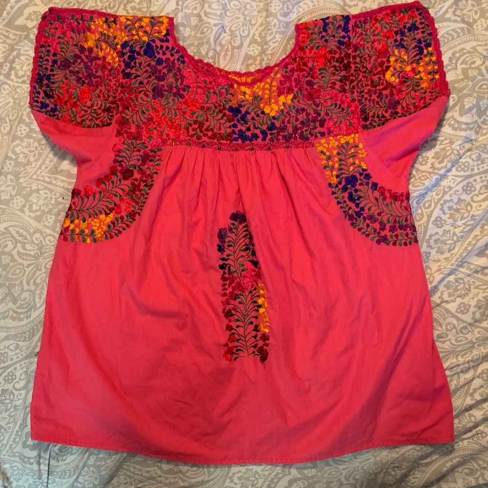 MexicanVibrant Pink Embroidered Women's Top